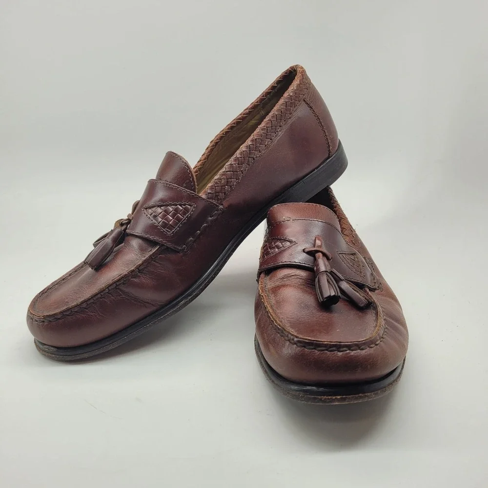Johnston Murphy Mens 10M Brown Leather Tassel Loafers Woven Trim‎ Dress Shoes